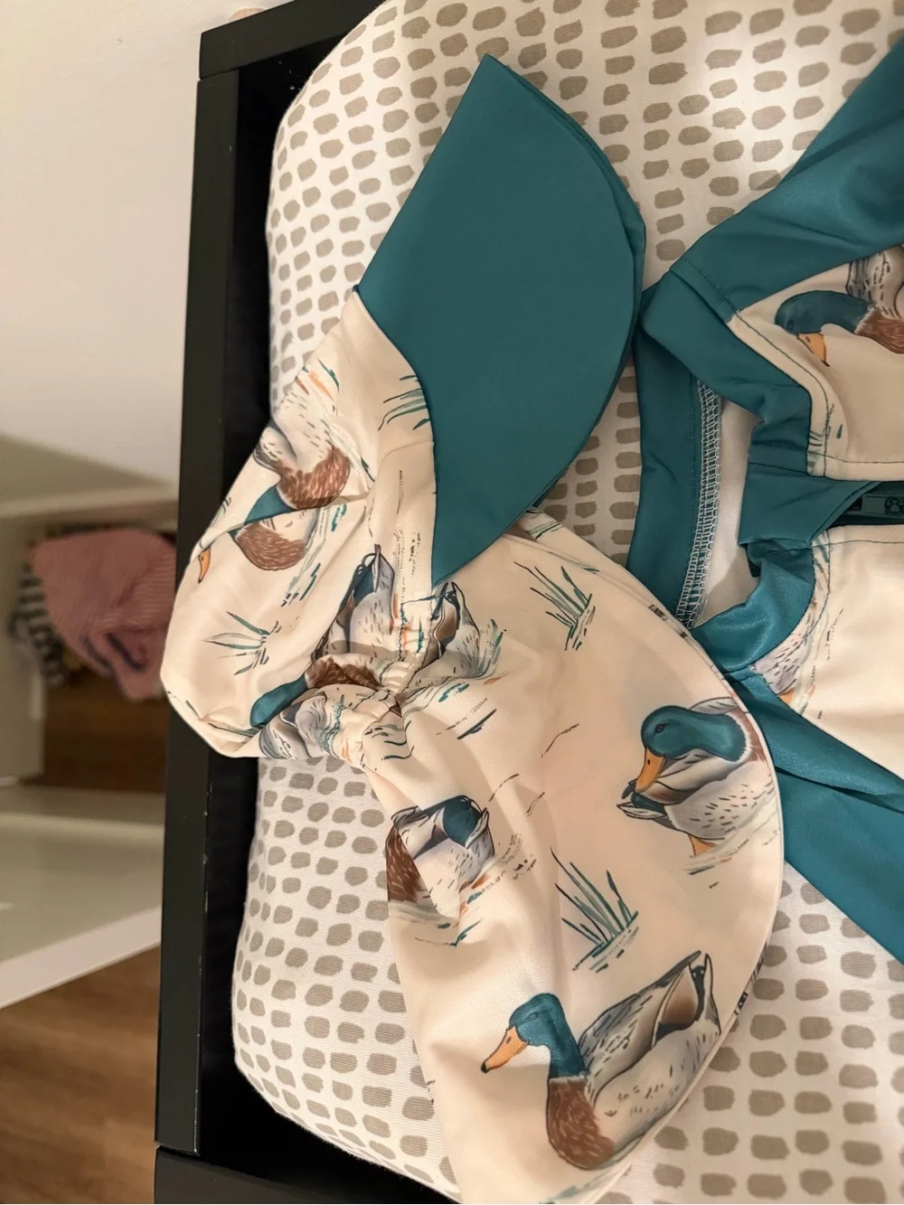Duck-Print Teal & Cream Kids Rashguard Swimsuit with Sun Hat